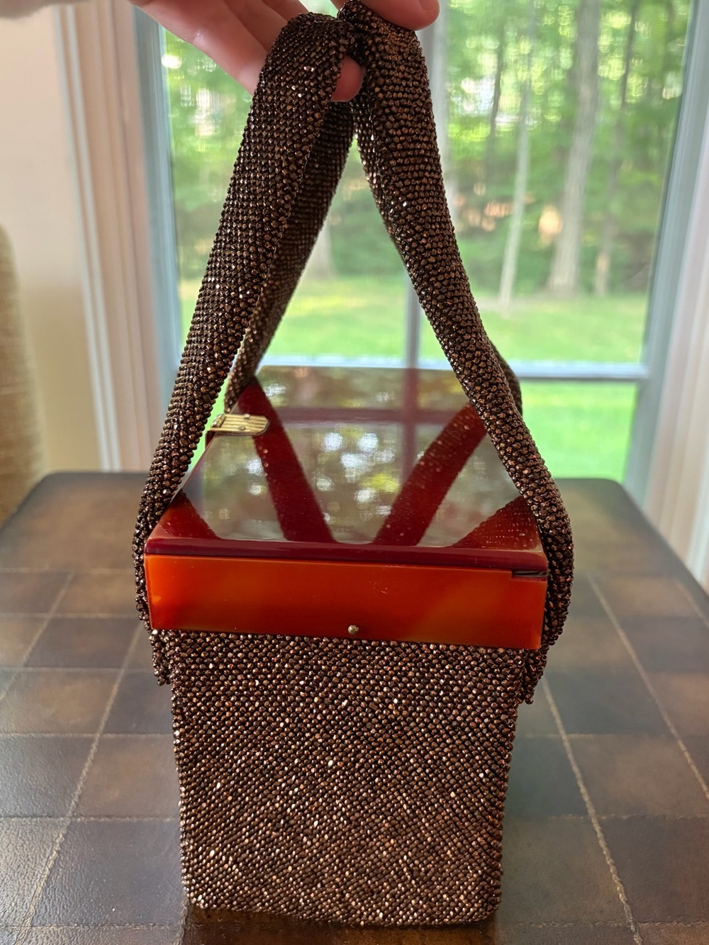 1940’s Antique Vintage Beaded Brown Top-Handle Evening Bag with Gold Clasp - Picture 4 of 12